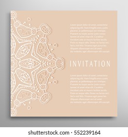 Invitation or Card template with mandala border element. Floral geometric lace pattern. Decorative abstract art background, template for Wedding, Valentine's day greeting cards, Birthday Invitations