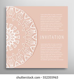 Invitation or Card template with mandala border element. Floral geometric lace pattern. Decorative abstract art background, template for Wedding, Valentine's day greeting cards, Birthday Invitations