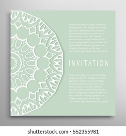 Invitation or Card template with mandala border element. Floral geometric lace pattern. Decorative abstract art background, template for Wedding, Valentine's day greeting cards, Birthday Invitations