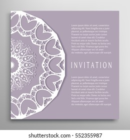 Invitation or Card template with mandala border element. Floral geometric lace pattern. Decorative abstract art background, template for Wedding, Valentine's day greeting cards, Birthday Invitations