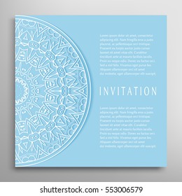 Invitation or Card template with mandala border element. Floral geometric lace pattern. Decorative abstract art background, template for Wedding, Valentine's day greeting cards, Birthday Invitations