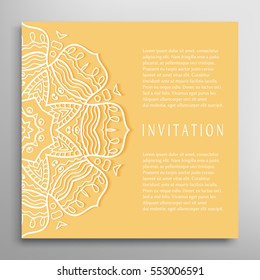 Invitation or Card template with mandala border element. Floral geometric lace pattern. Decorative abstract art background, template for Wedding, Valentine's day greeting cards, Birthday Invitations