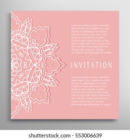 Invitation or Card template with mandala border element. Floral geometric lace pattern. Decorative abstract art background, template for Wedding, Valentine's day greeting cards, Birthday Invitations