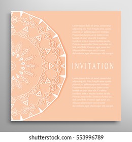 Invitation or Card template with mandala border element. Floral geometric lace pattern. Decorative abstract art background, template for Wedding, Valentine's day greeting cards, Birthday Invitations
