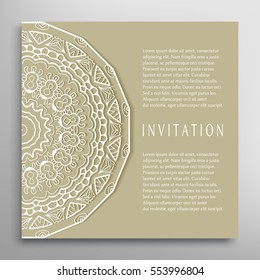 Invitation or Card template with mandala border element. Floral geometric lace pattern. Decorative abstract art background, template for Wedding, Valentine's day greeting cards, Birthday Invitations