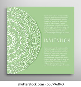 Invitation or Card template with mandala border element. Floral geometric lace pattern. Decorative abstract art background, template for Wedding, Valentine's day greeting cards, Birthday Invitations