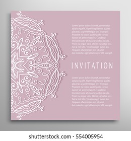 Invitation or Card template with mandala border element. Floral geometric lace pattern. Decorative abstract art background, template for Wedding, Valentine's day greeting cards, Birthday Invitations