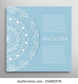Invitation or Card template with mandala border element. Floral geometric lace pattern. Decorative abstract art background, template for Wedding, Valentine's day greeting cards, Birthday Invitations