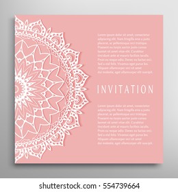 Invitation or Card template with mandala border element. Floral geometric lace pattern. Decorative abstract art background, template for Wedding, Valentine's day greeting cards, Birthday Invitations
