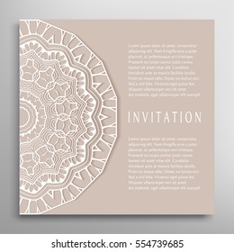 Invitation or Card template with mandala border element. Floral geometric lace pattern. Decorative abstract art background, template for Wedding, Valentine's day greeting cards, Birthday Invitations