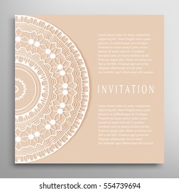 Invitation or Card template with mandala border element. Floral geometric lace pattern. Decorative abstract art background, template for Wedding, Valentine's day greeting cards, Birthday Invitations