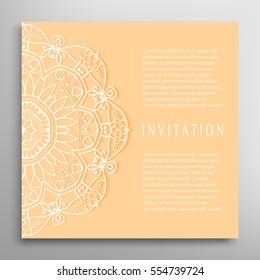 Invitation or Card template with mandala border element. Floral geometric lace pattern. Decorative abstract art background, template for Wedding, Valentine's day greeting cards, Birthday Invitations