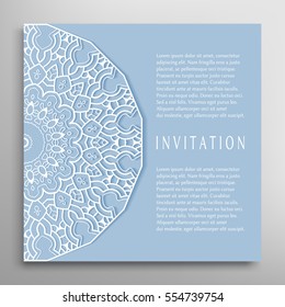 Invitation or Card template with mandala border element. Floral geometric lace pattern. Decorative abstract art background, template for Wedding, Valentine's day greeting cards, Birthday Invitations