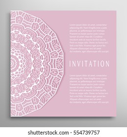 Invitation or Card template with mandala border element. Floral geometric lace pattern. Decorative abstract art background, template for Wedding, Valentine's day greeting cards, Birthday Invitations