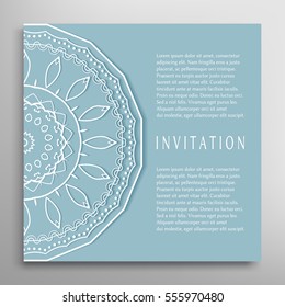 Invitation or Card template with mandala border element. Floral geometric lace pattern. Decorative abstract art background, template for Wedding, Valentine's day greeting cards, Birthday Invitations