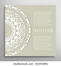 Invitation or Card template with mandala border element. Floral geometric lace pattern. Decorative abstract art background, template for Wedding, Valentine's day greeting cards, Birthday Invitations