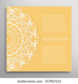 Invitation or Card template with mandala border element. Floral geometric lace pattern. Decorative abstract art background, template for Wedding, Valentine's day greeting cards, Birthday Invitations