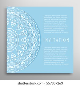 Invitation or Card template with mandala border element. Floral geometric lace pattern. Decorative abstract art background, template for Wedding, Valentine's day greeting cards, Birthday Invitations