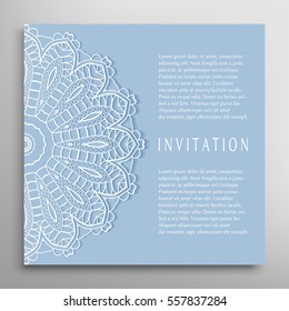 Invitation or Card template with mandala border element. Floral geometric lace pattern. Decorative abstract art background, template for Wedding, Valentine's day greeting cards, Birthday Invitations