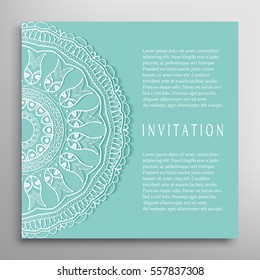 Invitation or Card template with mandala border element. Floral geometric lace pattern. Decorative abstract art background, template for Wedding, Valentine's day greeting cards, Birthday Invitations