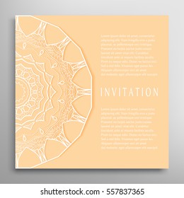 Invitation or Card template with mandala border element. Floral geometric lace pattern. Decorative abstract art background, template for Wedding, Valentine's day greeting cards, Birthday Invitations