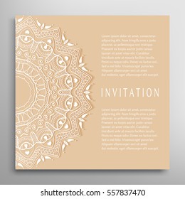 Invitation or Card template with mandala border element. Floral geometric lace pattern. Decorative abstract art background, template for Wedding, Valentine's day greeting cards, Birthday Invitations