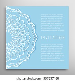 Invitation or Card template with mandala border element. Floral geometric lace pattern. Decorative abstract art background, template for Wedding, Valentine's day greeting cards, Birthday Invitations