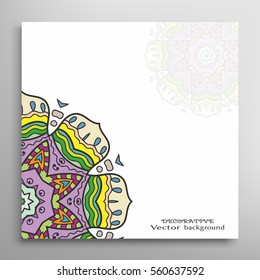 Invitation or Card template with mandala border element. Doodle floral geometric pattern. Decorative abstract art background with place for the text for Wedding, Valentine's day, Birthday cards