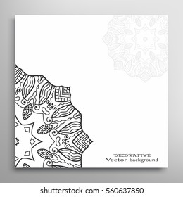 Invitation or Card template with mandala border element. Doodle floral geometric pattern. Decorative abstract art. Black and white background with place for the text