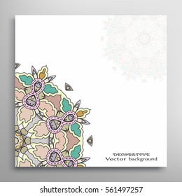 Invitation or Card template with mandala border element. Doodle floral geometric pattern. Decorative abstract art background with place for the text for Wedding, Valentine's day, Birthday cards