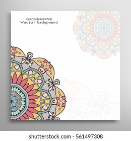 Invitation or Card template with mandala border element. Doodle floral geometric pattern. Decorative abstract art background with place for the text for Wedding, Valentine's day, Birthday cards