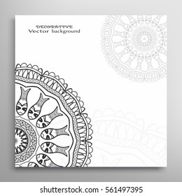 Invitation or Card template with mandala border element. Doodle floral geometric pattern. Decorative abstract art. Black and white background with place for the text