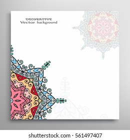 Invitation or Card template with mandala border element. Doodle floral geometric pattern. Decorative abstract art background with place for the text for Wedding, Valentine's day, Birthday cards