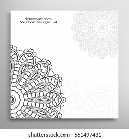 Invitation or Card template with mandala border element. Doodle floral geometric pattern. Decorative abstract art. Black and white background with place for the text