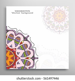 Invitation or Card template with mandala border element. Doodle floral geometric pattern. Decorative abstract art background with place for the text for Wedding, Valentine's day, Birthday cards