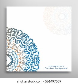 Invitation or Card template with mandala border element. Doodle floral geometric pattern. Decorative abstract art background with place for the text for Wedding, Valentine's day, Birthday cards