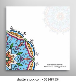 Invitation or Card template with mandala border element. Doodle floral geometric pattern. Decorative abstract art background with place for the text for Wedding, Valentine's day, Birthday cards