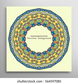Invitation or Card template with mandala border element. Doodle floral geometric pattern. Decorative abstract art background with place for the text for Wedding, Valentine's day, Birthday cards