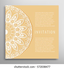 Invitation or Card template with mandala border element. Floral geometric lace pattern. Decorative abstract art background, template for Wedding, Valentine's day greeting cards, Birthday Invitations