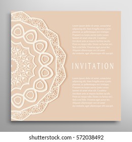 Invitation or Card template with mandala border element. Floral geometric lace pattern. Decorative abstract art background, template for Wedding, Valentine's day greeting cards, Birthday Invitations