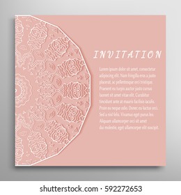 Invitation or Card template with mandala border element. Floral geometric lace pattern. Decorative abstract art background, template for Wedding, Valentine's day greeting cards, Birthday Invitations