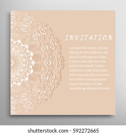 Invitation or Card template with mandala border element. Floral geometric lace pattern. Decorative abstract art background, template for Wedding, Valentine's day greeting cards, Birthday Invitations