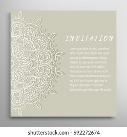 Invitation or Card template with mandala border element. Floral geometric lace pattern. Decorative abstract art background, template for Wedding, Valentine's day greeting cards, Birthday Invitations