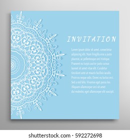 Invitation or Card template with mandala border element. Floral geometric lace pattern. Decorative abstract art background, template for Wedding, Valentine's day greeting cards, Birthday Invitations