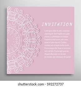 Invitation or Card template with mandala border element. Floral geometric lace pattern. Decorative abstract art background, template for Wedding, Valentine's day greeting cards, Birthday Invitations