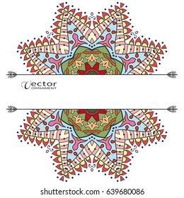 Invitation or Card template with mandala border element. Doodle floral geometric pattern. Decorative abstract art background, template for Wedding, Valentine's day greeting cards, Birthday Invitations