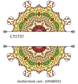 Invitation or Card template with mandala border element. Doodle floral geometric pattern. Decorative abstract art background, template for Wedding, Valentine's day greeting cards, Birthday Invitations