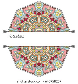 Invitation or Card template with mandala border element. Doodle floral geometric pattern. Decorative abstract art background, template for Wedding, Valentine's day greeting cards, Birthday Invitations