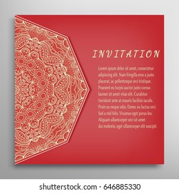 Invitation or Card template with mandala border element. Doodle floral geometric pattern. Decorative abstract art background, template for Wedding, Valentine's day greeting cards, Birthday Invitations