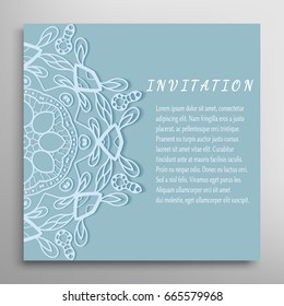 Invitation or Card template with mandala border element. Floral geometric lace pattern. Decorative abstract art background, template for Wedding, Valentine's day greeting cards, Birthday Invitations